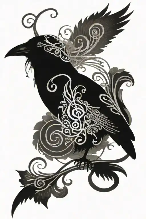 Crow flying, Vine tendrils that go up, Treble clef, writing of "all men dream but not equally" tattoo design idea