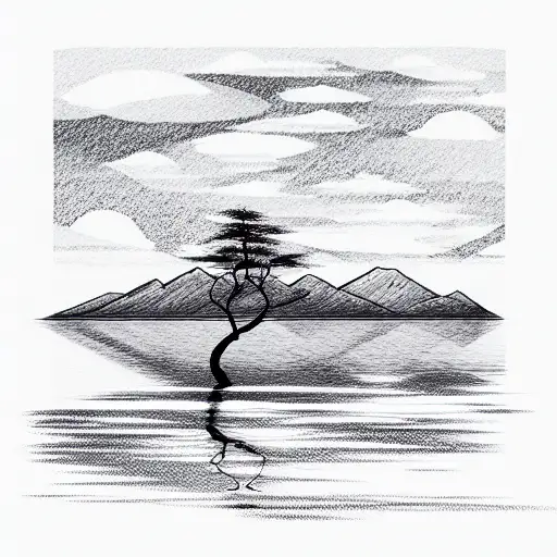 large lake with mountains and single tree tattoo design idea