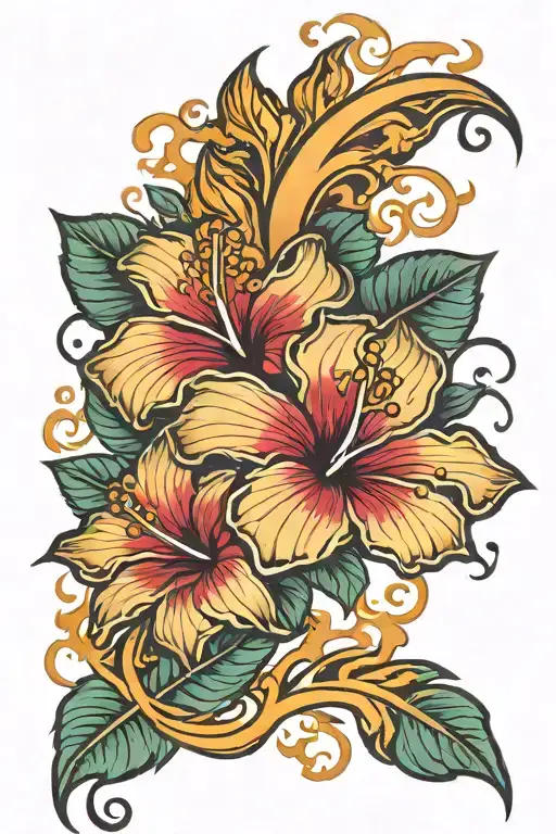 3 hibiscus flower and flames left arm tattoo design idea