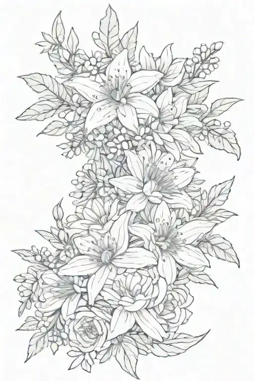 bouquet of aster flowers and larkspur flowers intertwined tattoo design idea