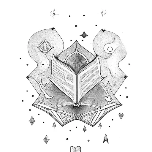 A mystical book of spells with constellations as the pages tattoo design idea