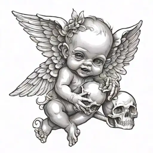baby Cupid holding a skull tattoo design idea