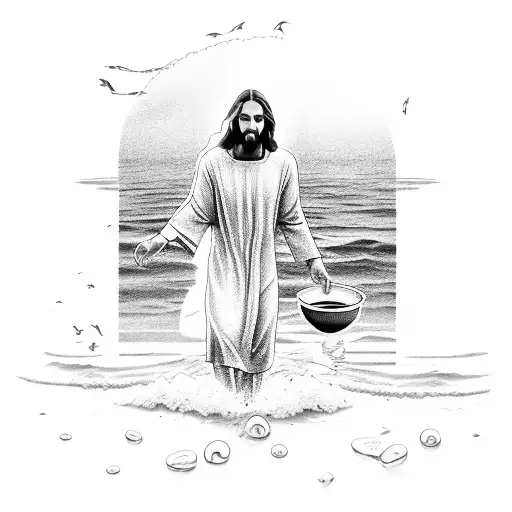 A beach scene with Jesus walking on water, holding a coffee mug tattoo design idea