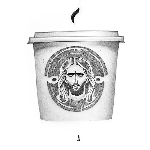 A coffee cup with Jesus' face on it, surrounded by musical notes tattoo design idea
