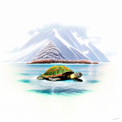 turtle swimming under island with boat on the water. On the island there is a pine forest with a snow capped mountain.  tattoo design idea