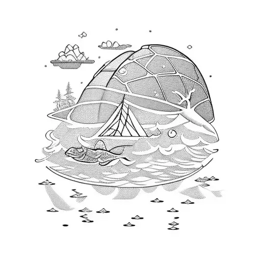 turtle swimming under island with boat on the water. On the island there is a pine forest with a snow capped mountain.  tattoo design idea