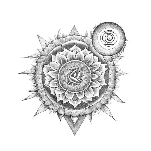 a sunflower with a heartagram inside surrounded by a moon  tattoo design idea