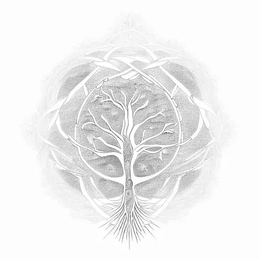 A tree of life intertwined with geographical coordinates, symbolizing the interconnectedness of all things in the world tattoo design idea