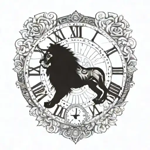 A tattoo of a clock within the hours 4 pictures of a lion that was a cub and developed symbolizes every matter of periods and time changes tattoo design idea