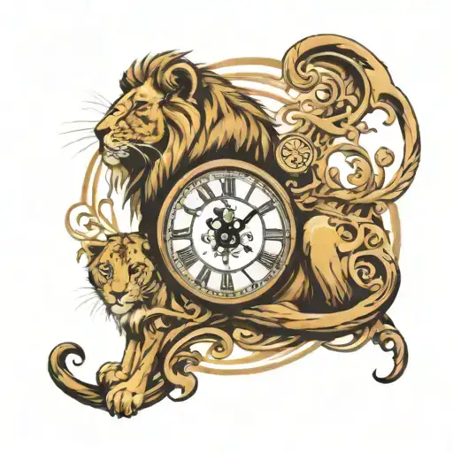 A tattoo of a clock within the hours 4 pictures of a lion that was a cub and developed symbolizes every matter of periods and time changes tattoo design idea
