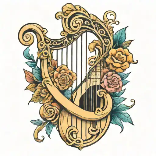 harp and treble clef intertwined tattoo design idea