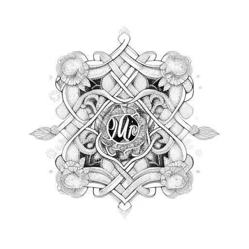 An intricate blackwork design featuring your daughters' names intertwined with elements that represent their individual interests tattoo design idea