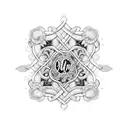 An intricate blackwork design featuring your daughters' names intertwined with elements that represent their individual interests tattoo design idea