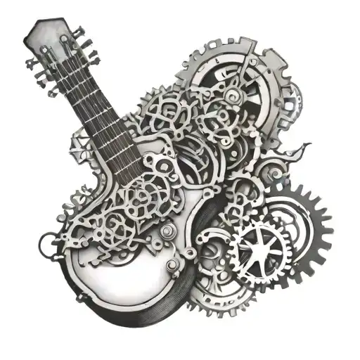 A tattoo of a guitar with gears and cogs inside, symbolizing the harmony between music and mechanics tattoo design idea