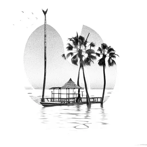 A serene beach sunset with palm trees and a cocktail, capturing the essence of peaceful travel and relaxation tattoo design idea