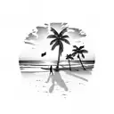 A serene beach sunset with palm trees and a cocktail, capturing the essence of peaceful travel and relaxation tattoo design idea