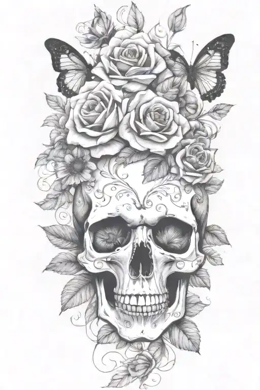 roses skull butterflies sunflowers long greens stems tattoo design idea