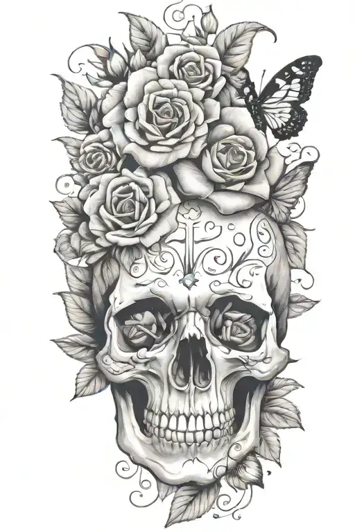 roses flowers skull butterflies sunflowers  tattoo design idea