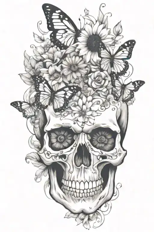 flowers skull butterflies sunflowers  tattoo design idea