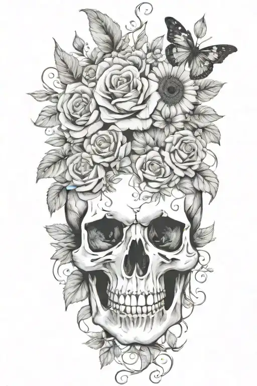 roses skull butterflies sunflowers long greens stems tattoo design idea
