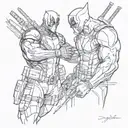 deadpool and wolverine will have arms and I want them to make X with their arms (wolverine will have his claw, deadpool  tattoo design idea