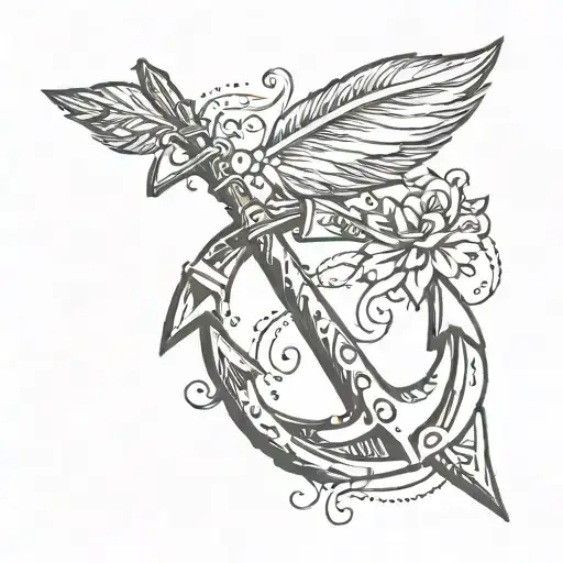 An elegant arrow design with a feather and anchor elements, symbolizing the journey and stability of motherhood tattoo design idea