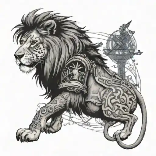 Black and white back tattoo, Huge Lion King, military infantryman, dog security, gypsy caravan, cross tattoo design idea