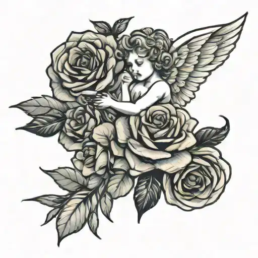 rose a cherub angel tattoo design idea
