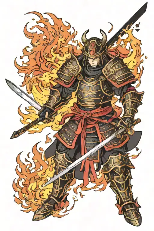 samurai wearing all black armor surrounded by fire tattoo design idea