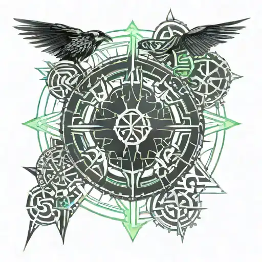 vegvisir with celtic cross and raven tattoo design idea
