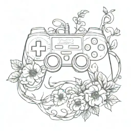 A video game controller entwined with vines and flowers tattoo design idea