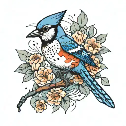 blue jay with music notes and koi fish swimming tattoo design idea