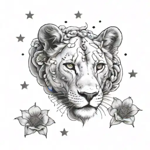 lioness in field of primroses with a starry night sky above tattoo design idea