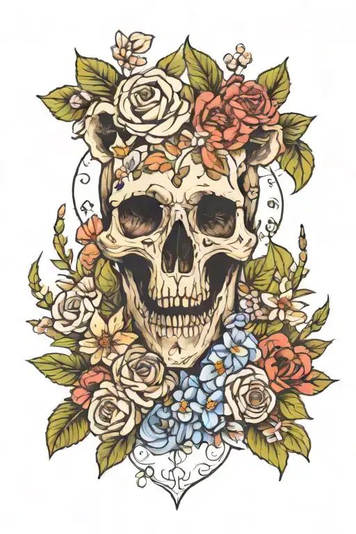 Bear skull with summer and spring flowers growing tattoo design idea