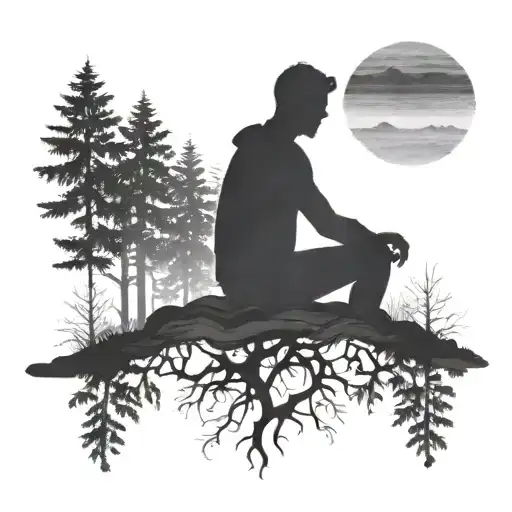 A silhouette of a person sitting alone in a scenic forest clearing, with a faint soundwave pattern in the background tattoo design idea