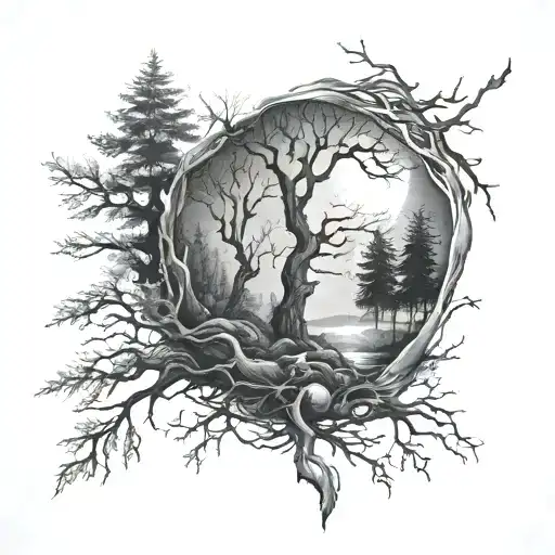 A mystical forest scene with a moon in the background, reflecting the client's love for nature and the moon tattoo design idea