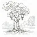 Tree with a street lamp for a trunk tattoo design idea