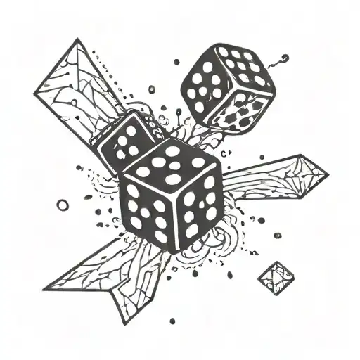 Two dice in motion, black and white linear style. Numbers on the upper edges: 2 and 3. The corners are slightly rounded, lines tattoo design idea