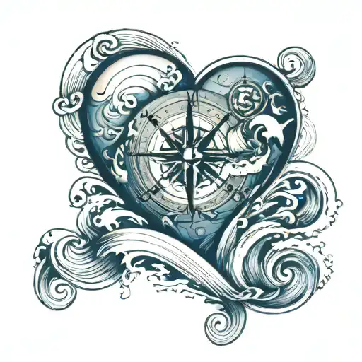 a heart in shape of a letter B in sea waves and compass and map tattoo design idea