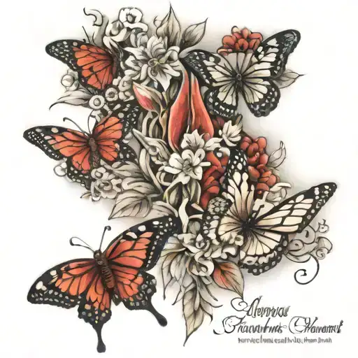 red flowers and butterflies, with a quote saying always in my mind, forever in my heart tattoo design idea