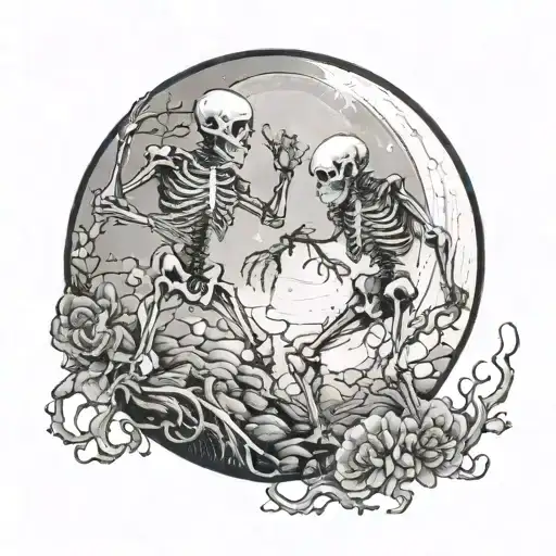 A scene of skeletons dancing under a full moon surrounded tattoo design idea