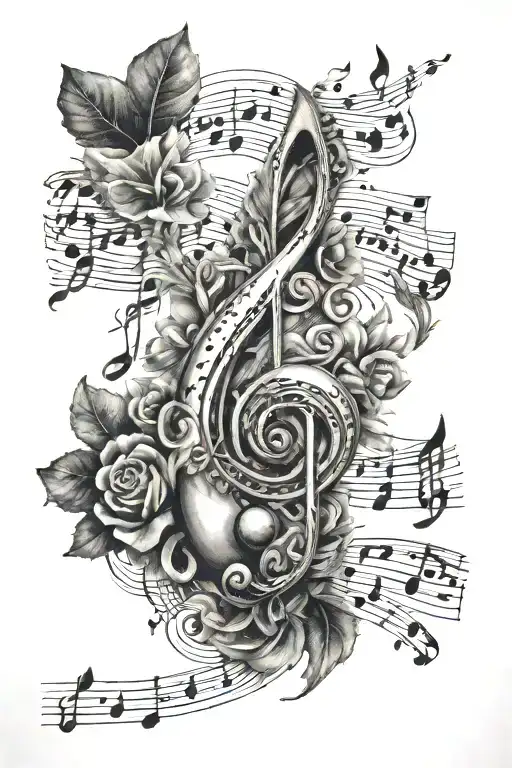 A detailed tattoo of a music sheet with hidden karma symbols within the notes tattoo design idea