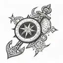 simple black, compass surrounded, rounded, anchor  tattoo design idea