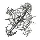 simple black, compass surrounded, rounded, anchor  tattoo design idea