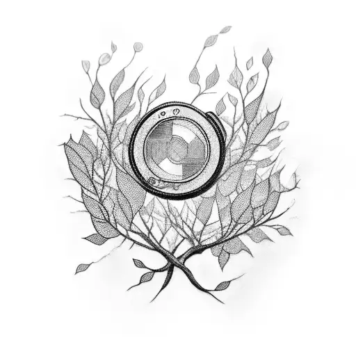 A camera lens morphing into a tree branch with leaves, symbolizing growth and creativity in photography tattoo design idea