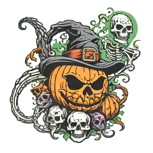 halloween with pumpkin, skeletons, blood, bat, snakes tattoo design idea