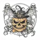 hallween with pumpkin, skeletons, blood, bat, snakes tattoo design idea