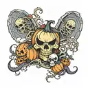 hallween with pumpkin, skeletons, blood, bat, snakes tattoo design idea