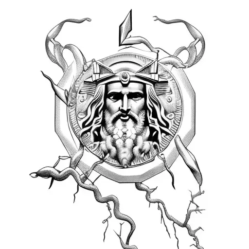 Zeus with lightning bolts and Greek mythology accessories tattoo design idea