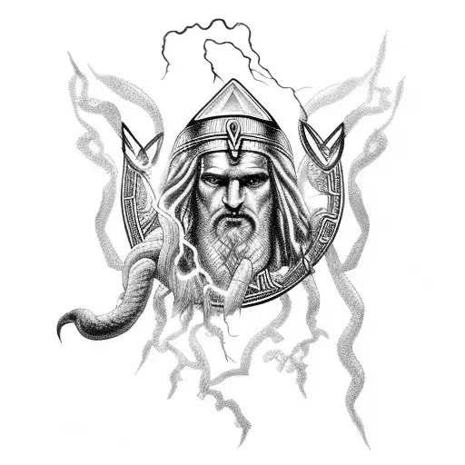 Zeus with lightning bolts and Greek mythology accessories tattoo design idea